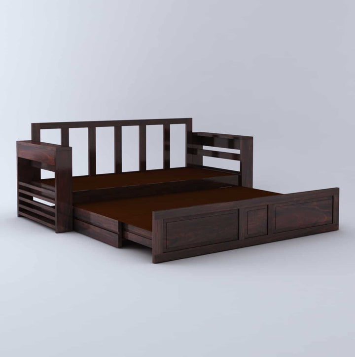 Catalina Solid Sheesham Wood 3 Seater Sofa Cum Bed Walnut with Side Pockets