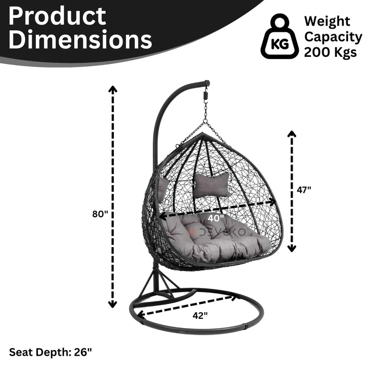 Hua Double Seater Rattan & Wicker Swing (Black & Grey)