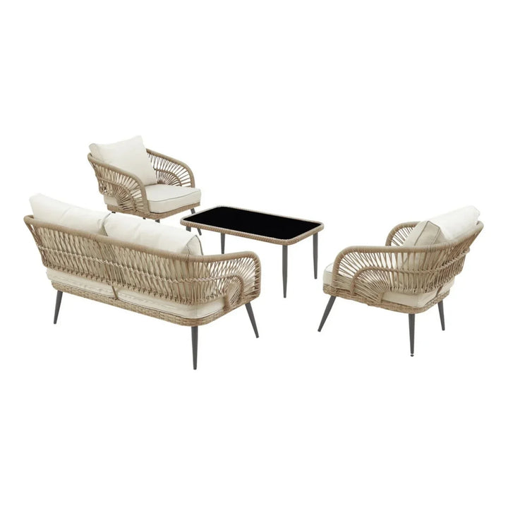 Navy Outdoor Rope 4-Piece Patio Sofa Set with Glass Top Table (Beige/Cream)