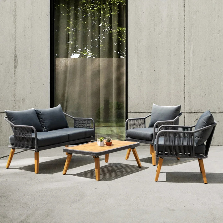 Riley 4-Piece Outdoor Rope Patio Furniture Set with Wood-Top Table