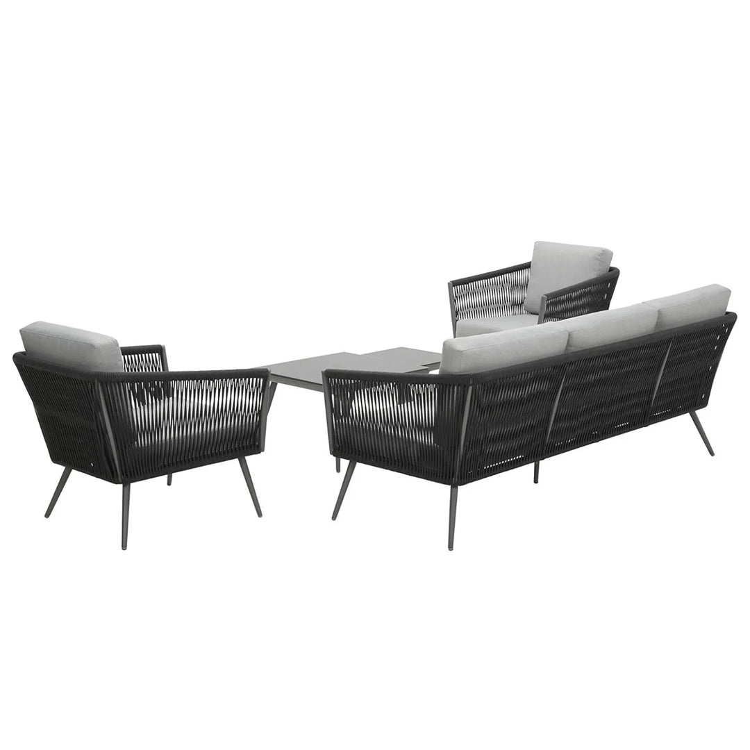 Teresa 5-Seater Outdoor Rope Patio Sofa Set with Glass Top Tables (Black & Grey)