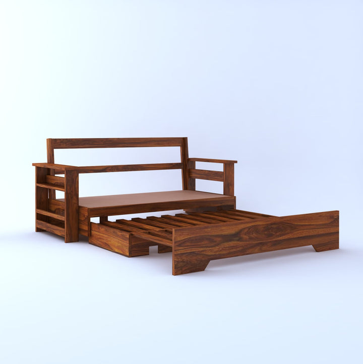 Brielle Solid Sheesham Wood 3 Seater Sofa Cum Bed With Side Pockets