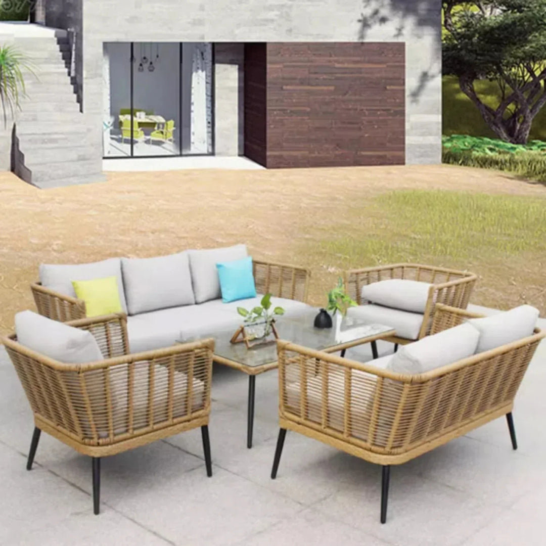 Noura Outdoor Beige Rope 7-Seater Sofa Set With Glass Top Table