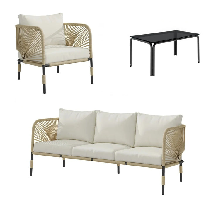 Amoura Outdoor Rope 5-Seater Sofa Set With Glass Top Table