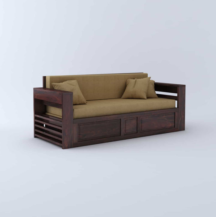 Catalina Solid Sheesham Wood 3 Seater Sofa Cum Bed Walnut with Side Pockets