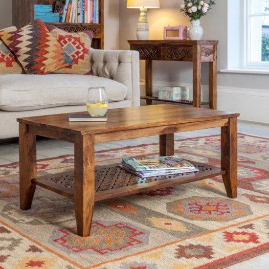 Kansas Carved Net Coffee Table In Honey Finish