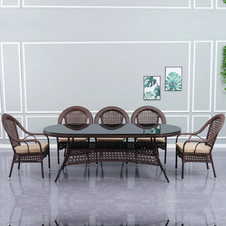 Ghazal Outdoor All-Weather Resistant Rattan Wicker 7-Piece Dining Set