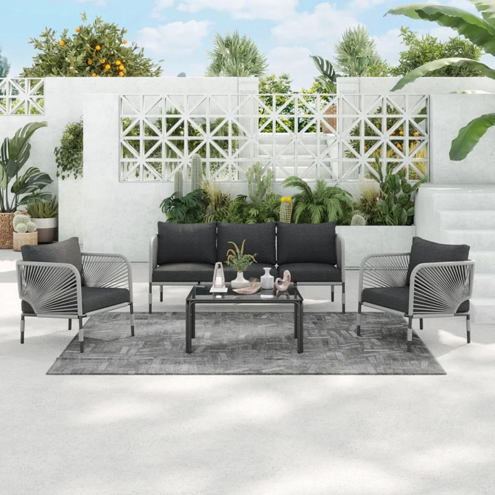 Bellamy Outdoor Rope 5-Seater Sofa Set With Glass Top Table