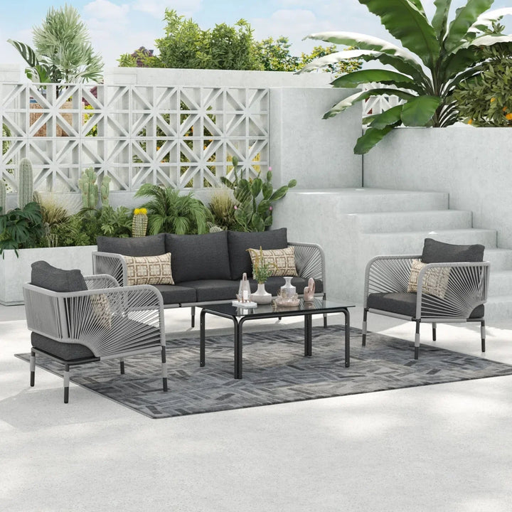 Bellamy Outdoor Rope 5-Seater Sofa Set With Glass Top Table