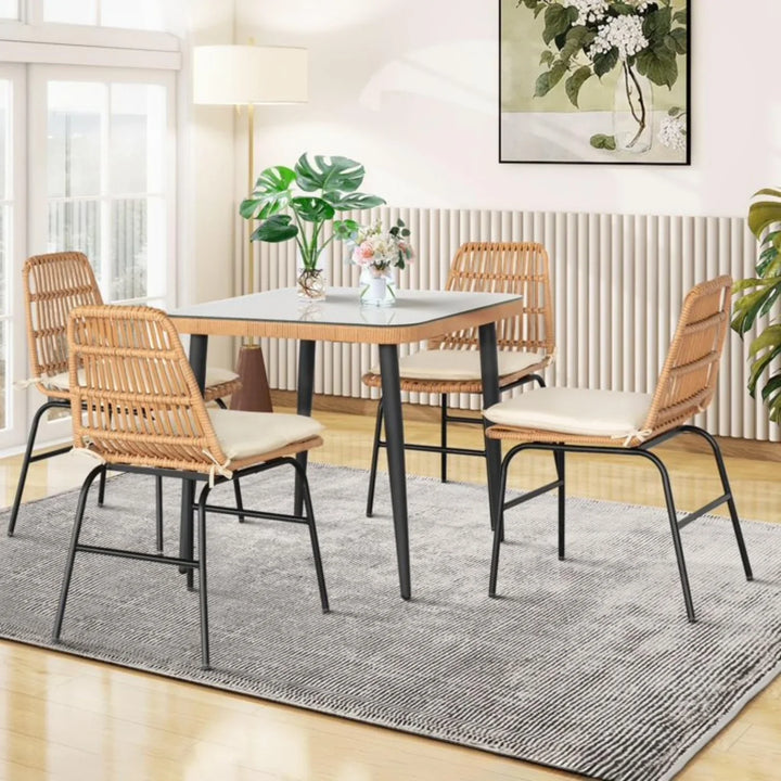 Macarena 5-Piece Outdoor Patio Dining Set With Rattan Chairs & Glass-Top Table