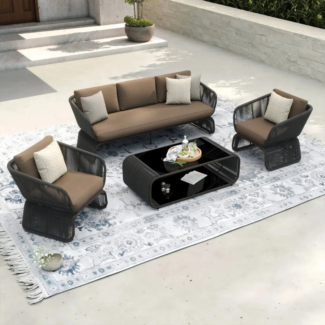 Yumna Outdoor Braided Rope Sofa Set With 2-Tier Glass Top Table