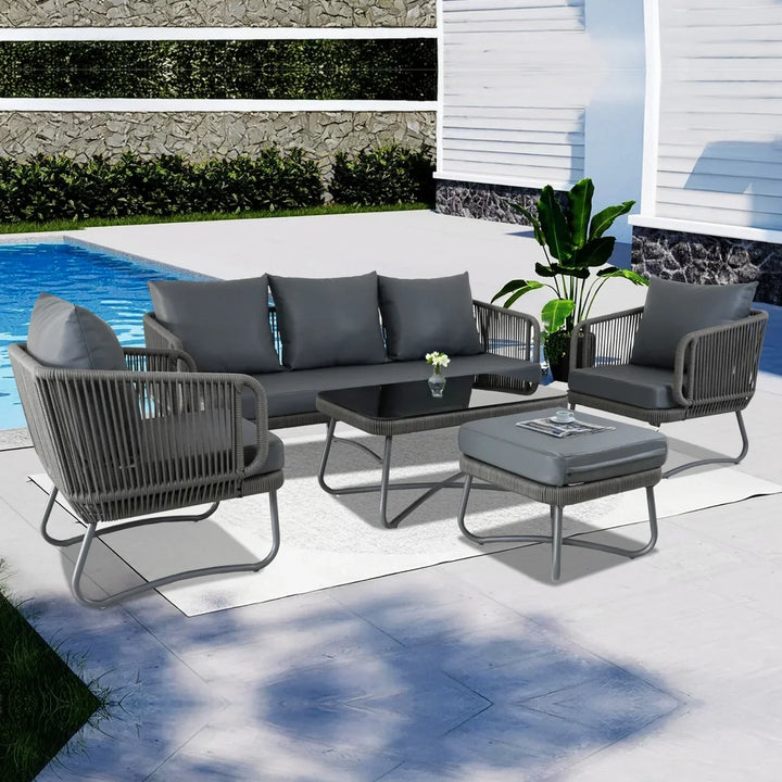 Castolo Outdoor Garden Balcony Sofa Set 3 Seater, 2 Single Seater 1 Ottoman and 1 Center Table Set Braid & Rope (Grey)