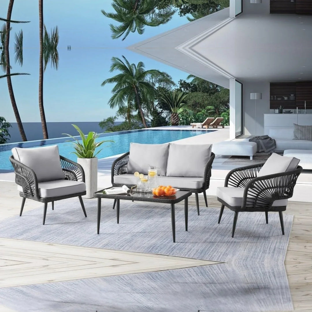 Presley Outdoor Rope 4-Piece Patio Sofa Set with Glass Top Table (Black/Light Grey)