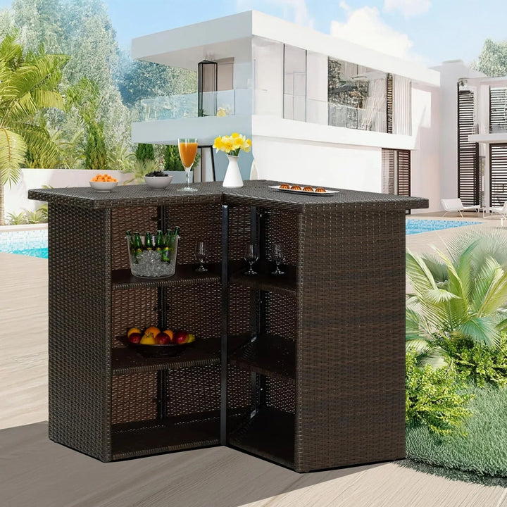 Nieves Outdoor Rattan Wicker Bar Table With Storage Selves