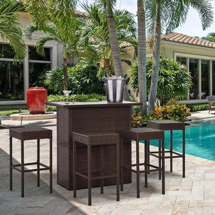 Outdoor Wicker 5-Piece Bar Set with Glass Top Table