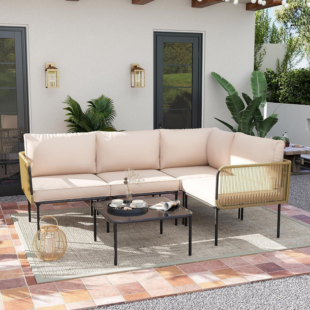 Eliana L-Shaped Rope Woven Outdoor Sofa Set (Beige & Cream)