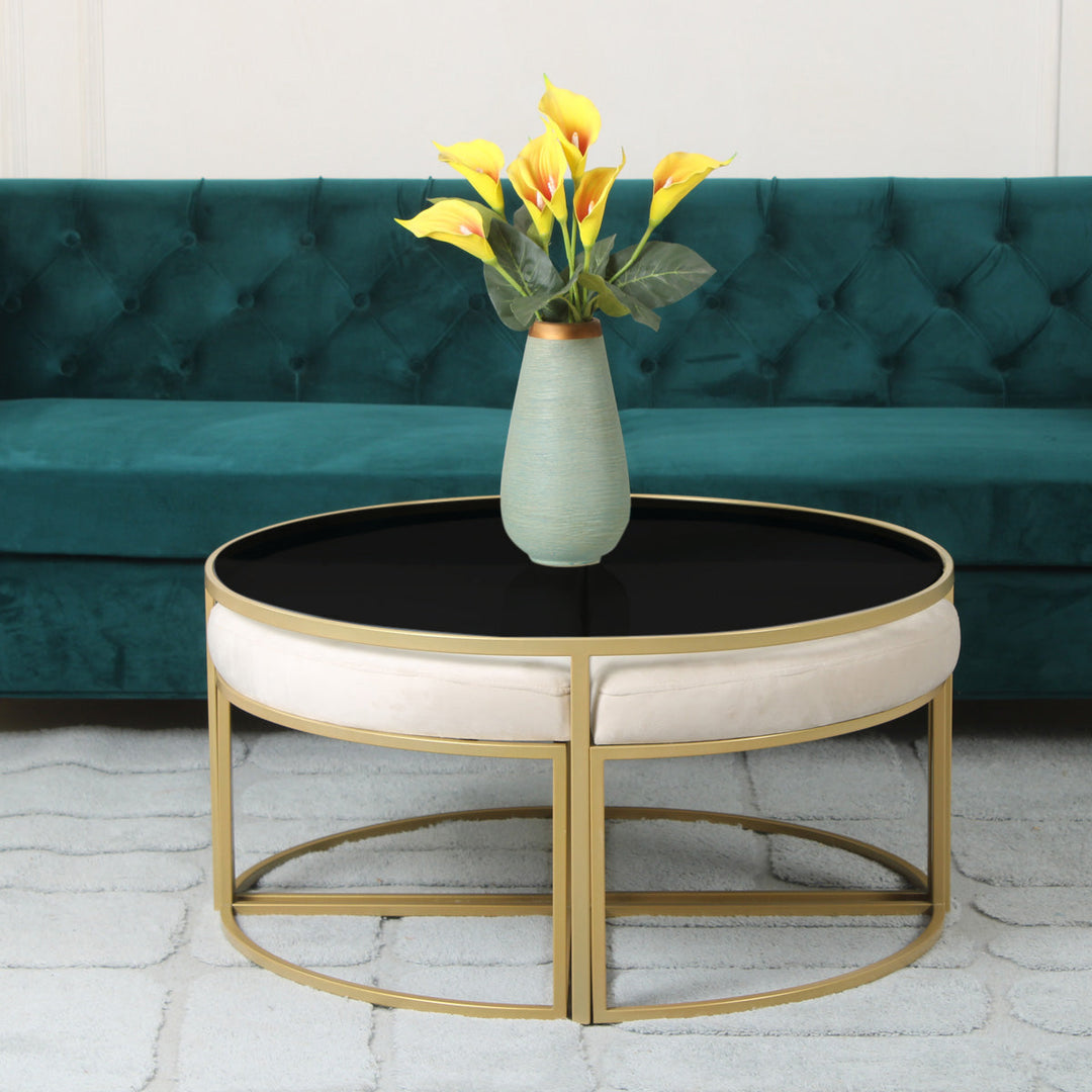 Benton Nesting Black Glass Coffee Table Set With 4 Stools In Gold Finish