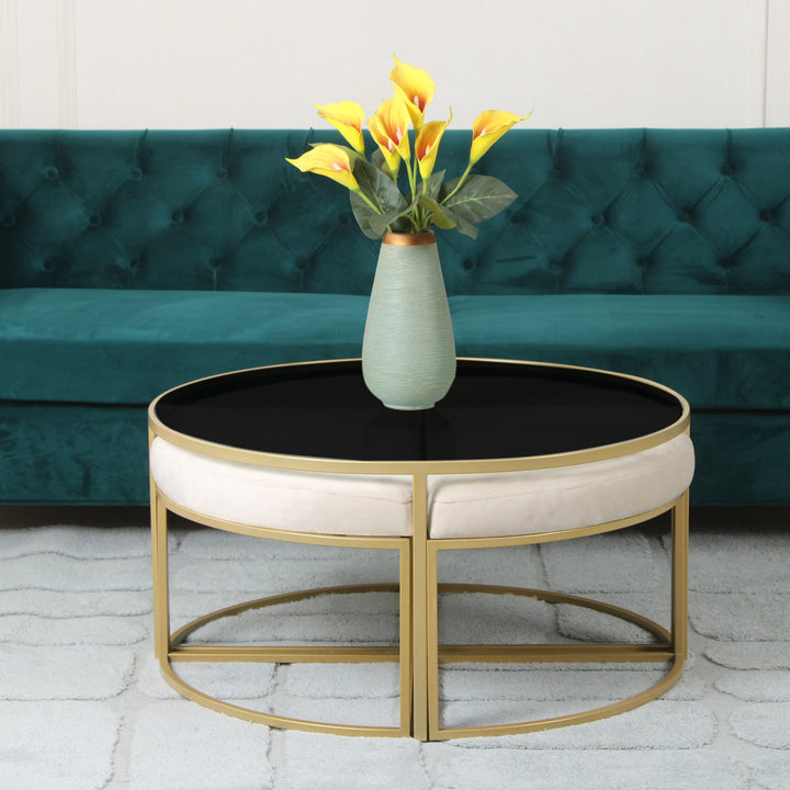 Benton Nesting Black Glass Coffee Table Set With 4 Stools In Gold Finish