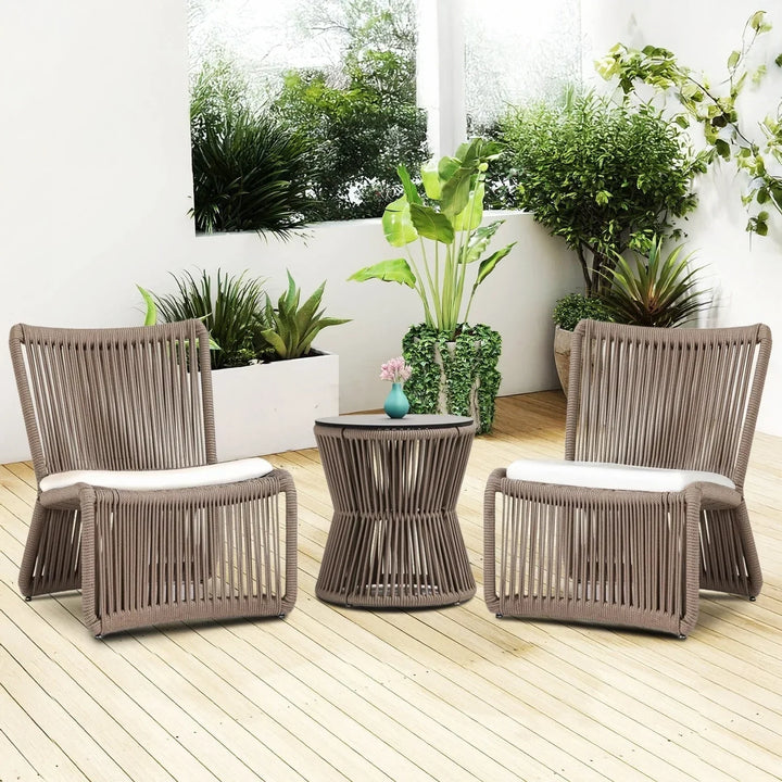 Cestino Outdoor Patio Seating Set 2 Chairs and 1 Table Set (Beige) Braided & Rope