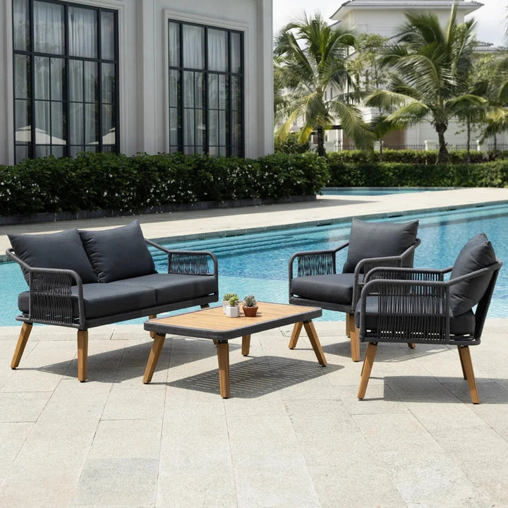 Riley 4-Piece Outdoor Rope Patio Furniture Set with Wood-Top Table