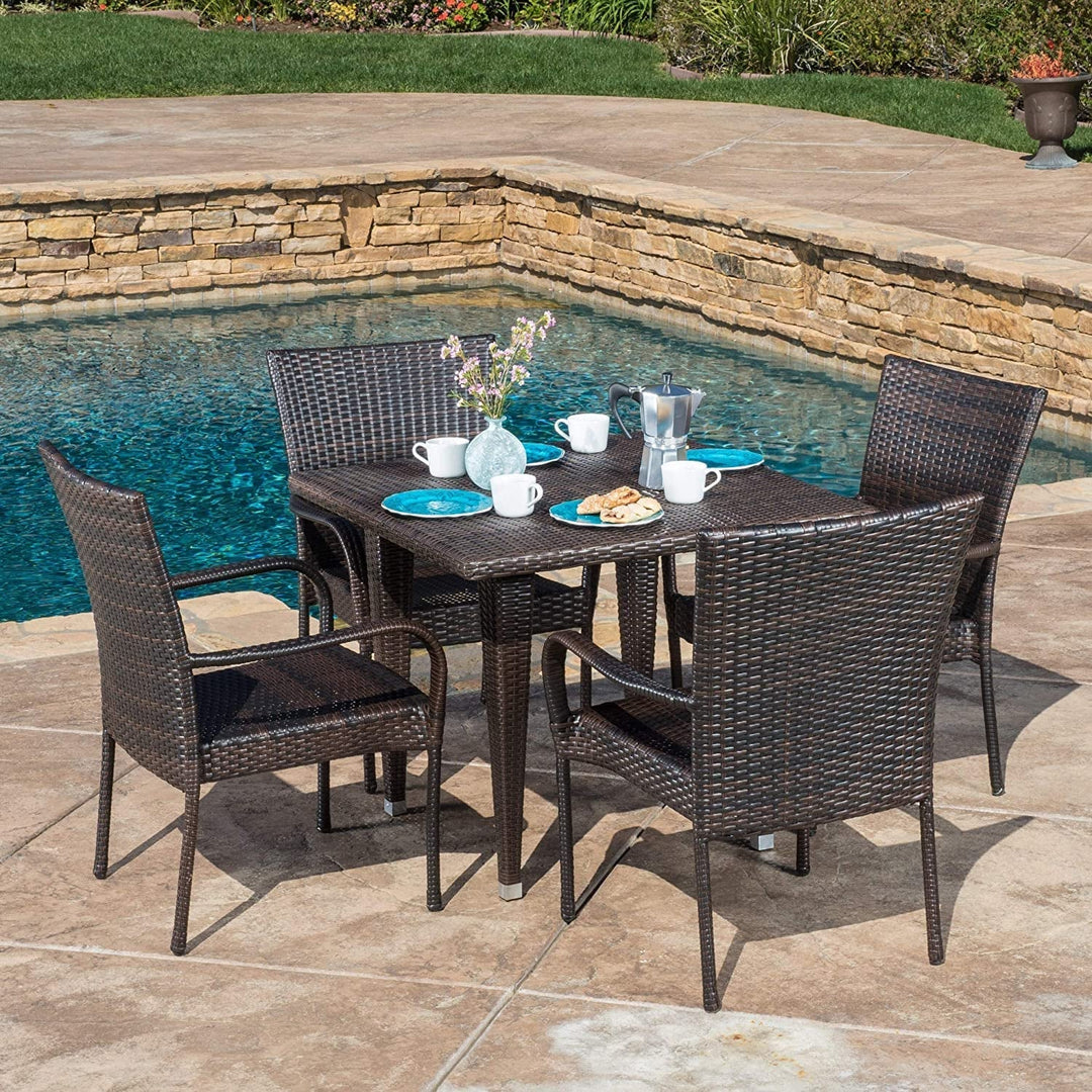 Elham Outdoor All-Weather Resistant Rattan Wicker 5-Piece Dining Set (Dark Brown)