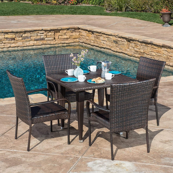 Elham Outdoor All-Weather Resistant Rattan Wicker 5-Piece Dining Set (Dark Brown)