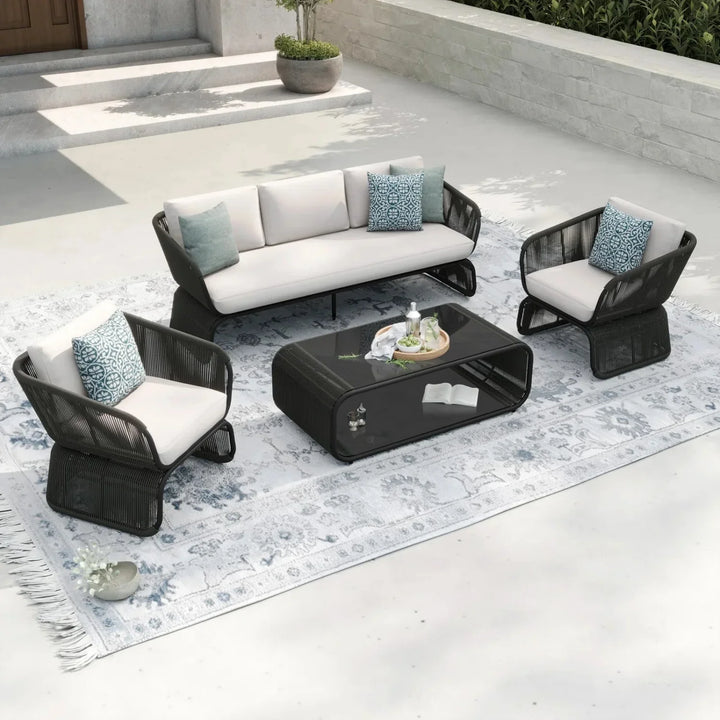 Zainab Outdoor Braided Rope Sofa Set With 2-Tier Glass Top Table