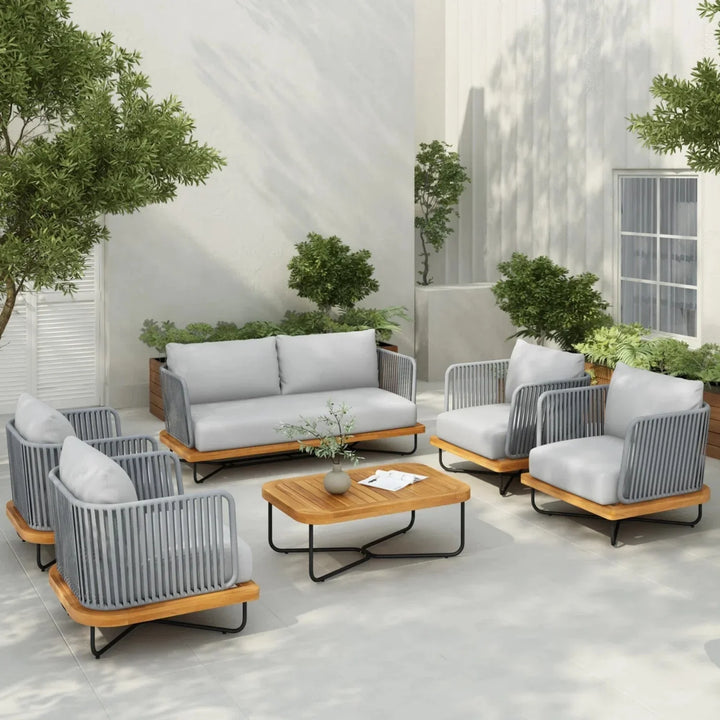 Oindrila Outdoor 6-Piece Rope Woven Conversation Sofa Set with Wooden Top Table