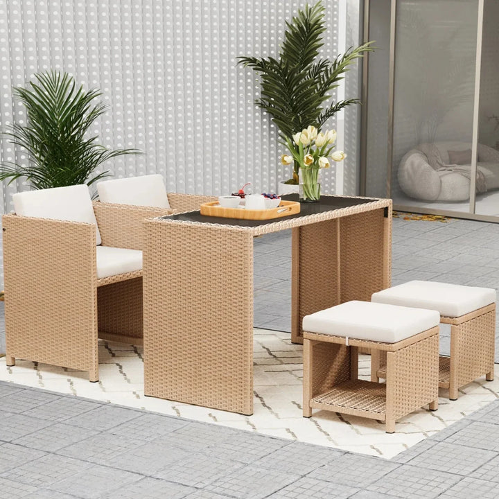 Outdoor Wicker 5-Piece Bar Set with Glass Top Table & Ottomans