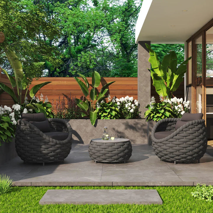 Outlee Outdoor Patio Seating Set 2 Chairs and 1 Table Set (Dark Grey) Braided & Rope