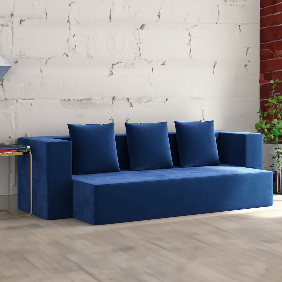 Sanya Premium Velvet 3 Seater Fabric Sofa Cum Bed - Blue