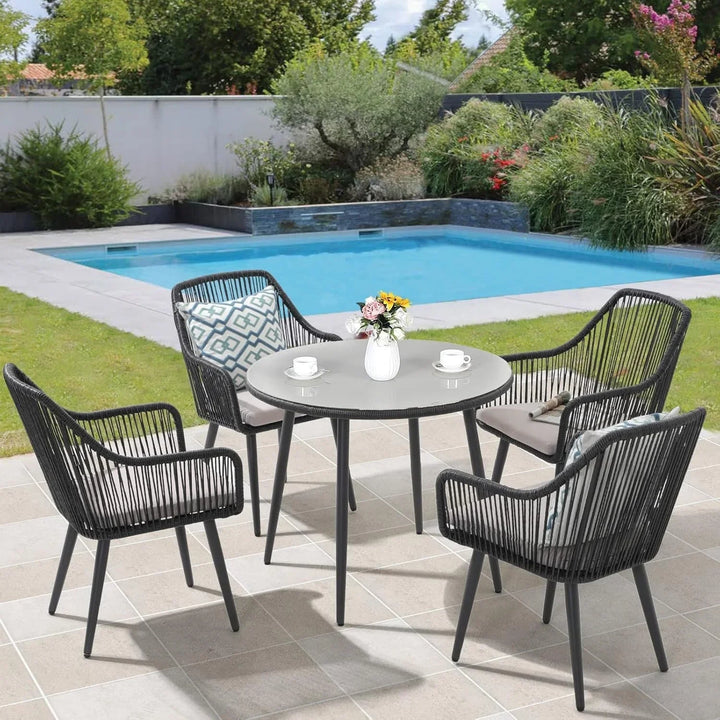 Isolde 5-Piece Outdoor Rope Patio Dining Set With Glass Top Table