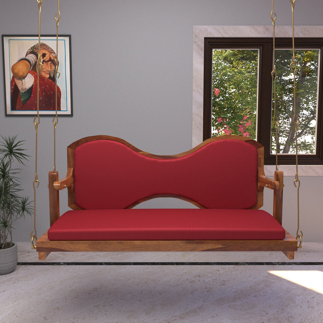 Aradhya Classic Cherry Reddish Boomerang Style Back Wooden Swing for Home