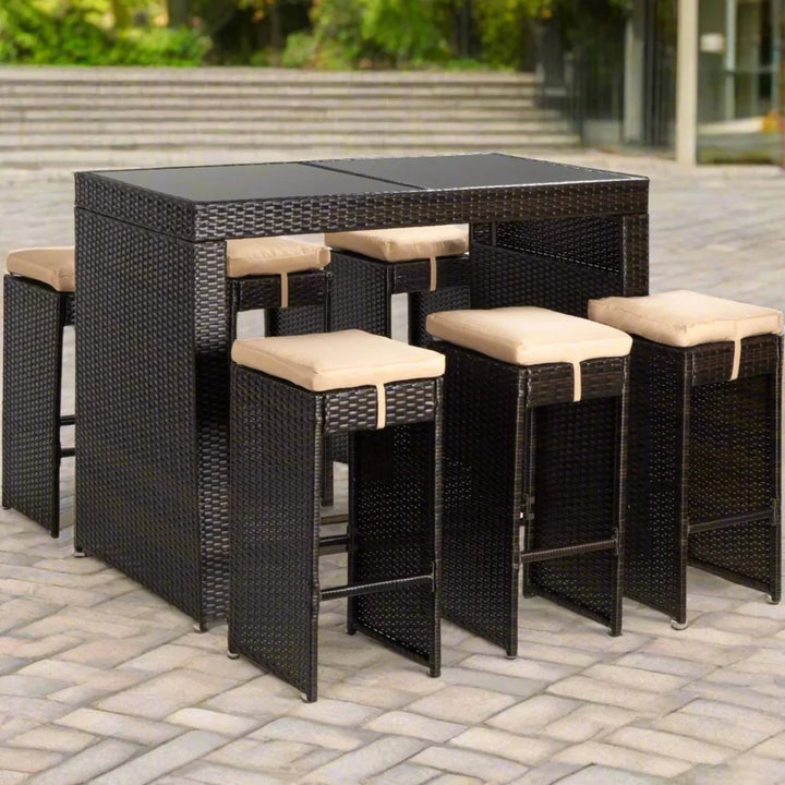 Asha 7-Piece Outdoor Rattan Wicker Bar Set with Glass Top Table