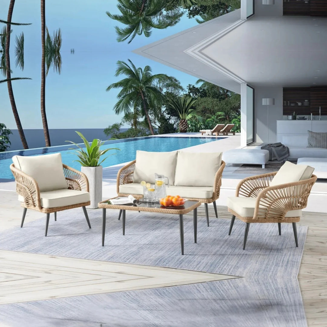 Navy Outdoor Rope 4-Piece Patio Sofa Set with Glass Top Table (Beige/Cream)