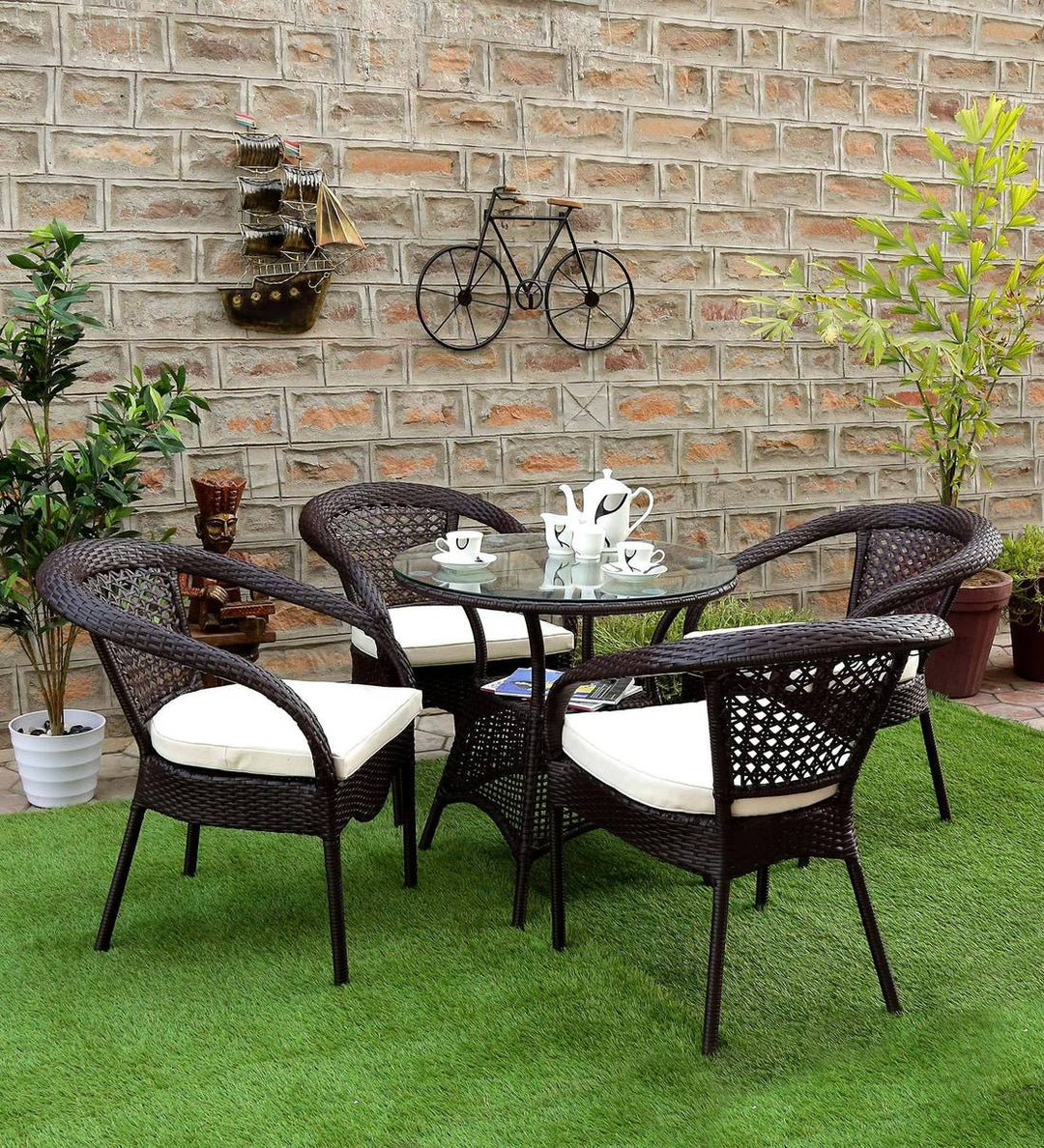 Moonpie Outdoor Patio Seating Set 4 Chairs and 1 Table Set (Dark Brown)