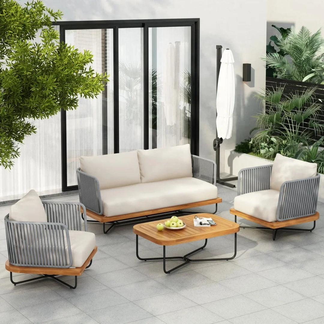 Eros Outdoor Garden Balcony Sofa Set 2 Seater , 2 Single Seater 1 Center Table Set Braided and Rope