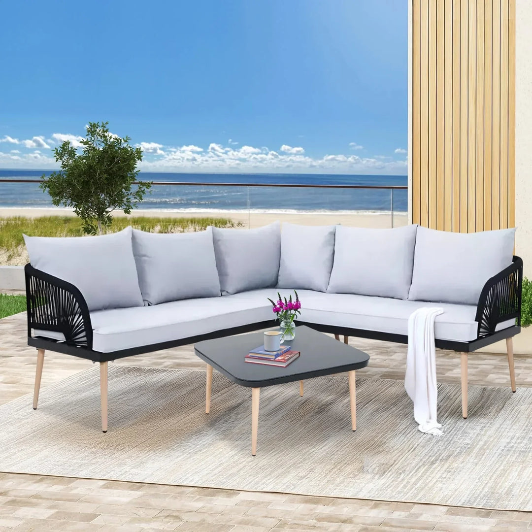 Kinsley L-Shape 5 Seater Outdoor Patio Rope Conversation Set with Table