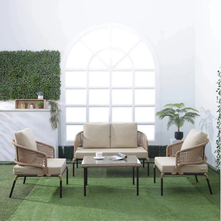 Amaya All-Weather Patio Rope Sofa Set with Glass Top Coffee Table