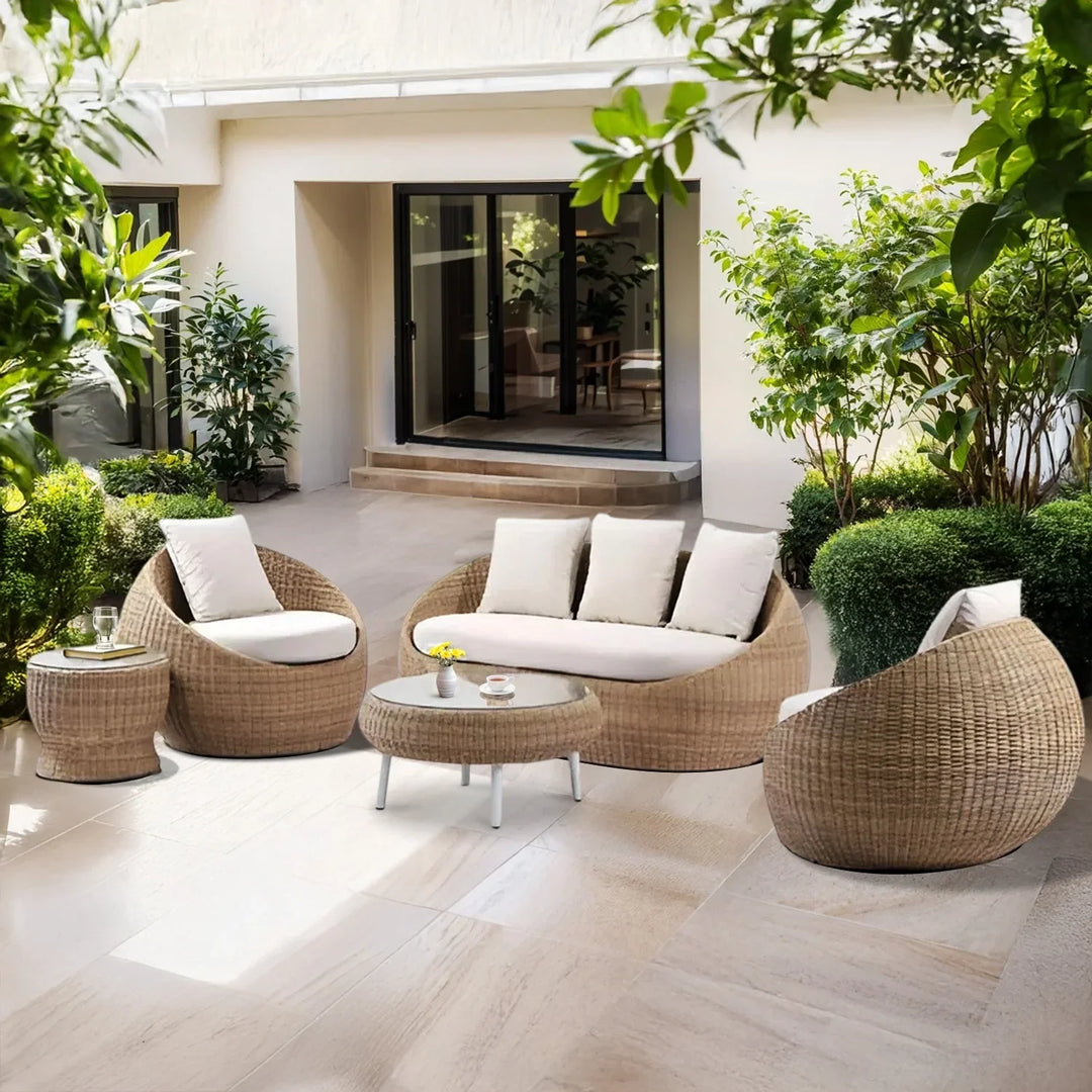 Outdoor Wicker 5-Seater Sofa Set With Glass Top Tables