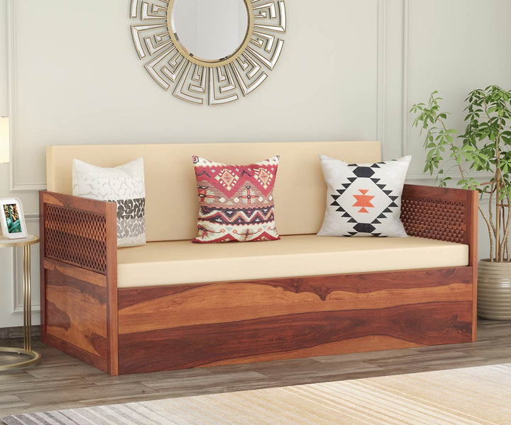 Miron Solid Wood Sheesham Diwan with Mattress | Solid Wood Sofa Come Bed (Honey Finish)