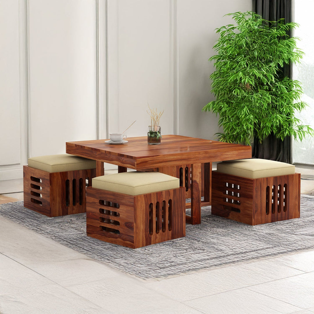 Savely Solid Wood Sheesham Coffee Table with 4 Seating Stools