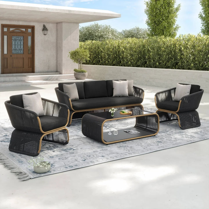 Taima Outdoor Braided Rope Sofa Set With 2-Tier Glass Top Table