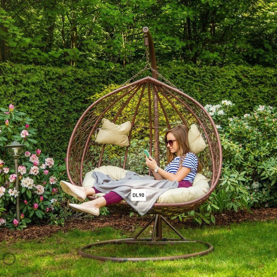 Hui Double Seater Rattan & Wicker Swing (Brown & Cream)