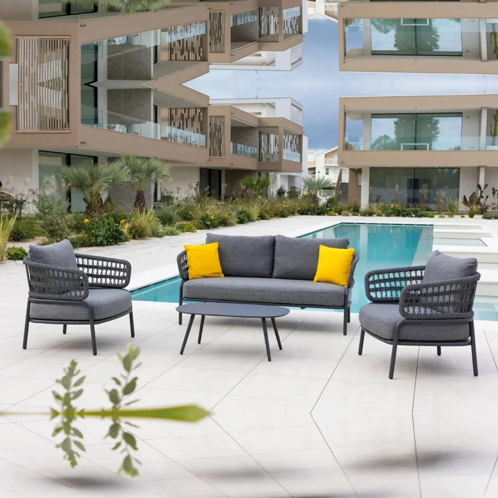 Raelynn Outdoor Rope 4-Piece Patio Sofa Set with Glass Top Table (Grey)