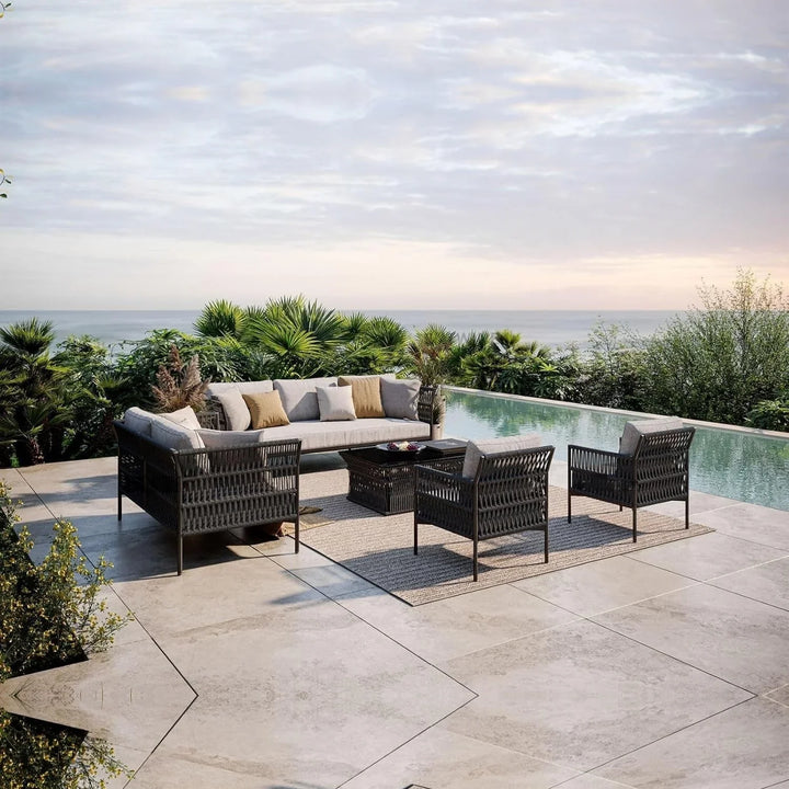 Denali Outdoor Rope 7-Seater Sofa Set With Glass Top Table
