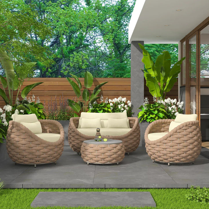 Equo Outdoor Sofa Set 2 Seater, 2 Single seater and 1 Center Table (Beige) Braided & Rope