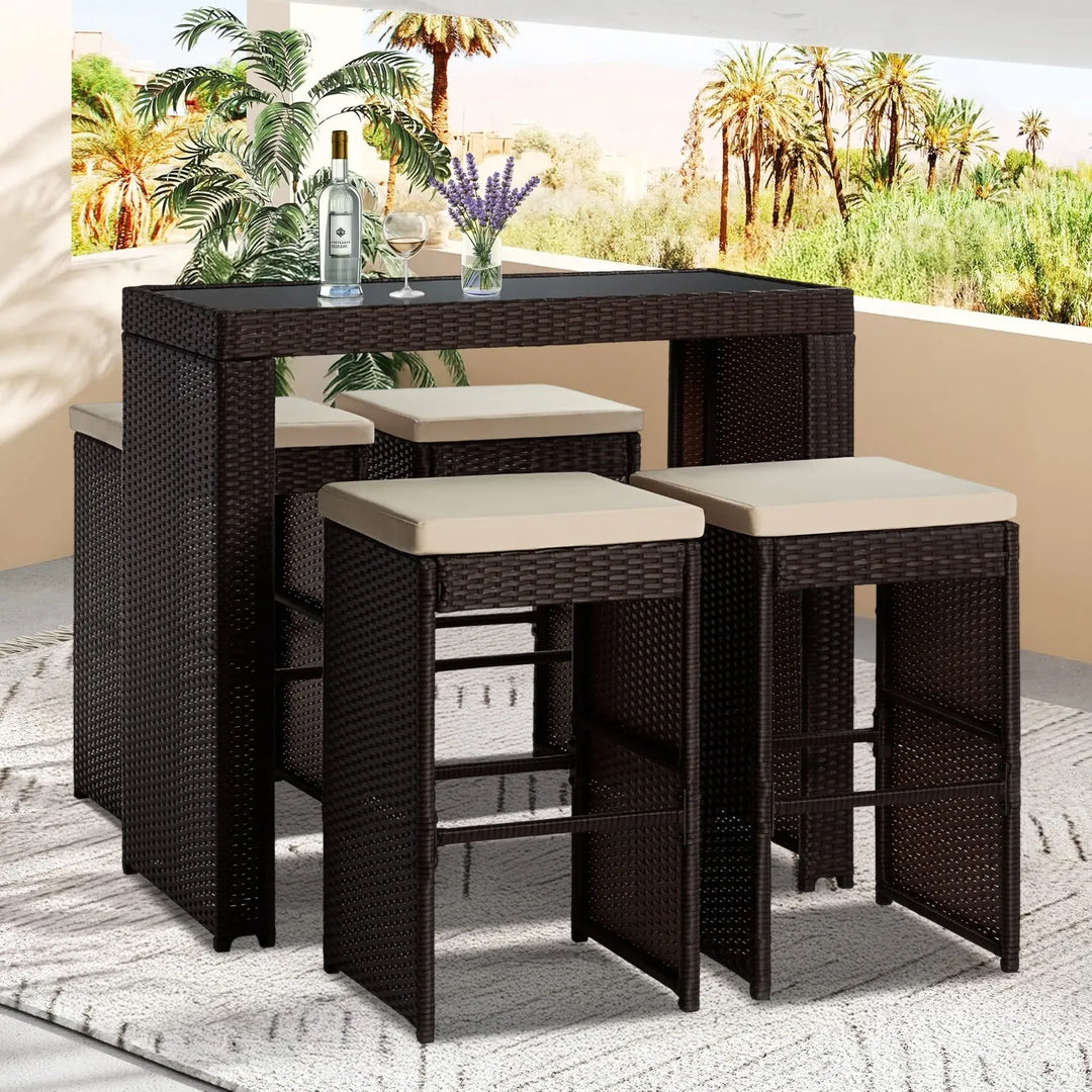 Xia 5-Piece Outdoor Rattan Wicker Bar Set with Glass Top Table