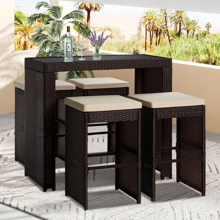 Xia 5-Piece Outdoor Rattan Wicker Bar Set with Glass Top Table