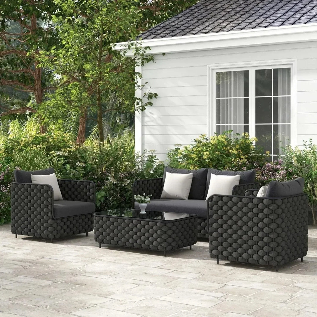 Camila 4 Piece Outdoor Rope Sofa Set with Glass Top Coffee Table (Black)